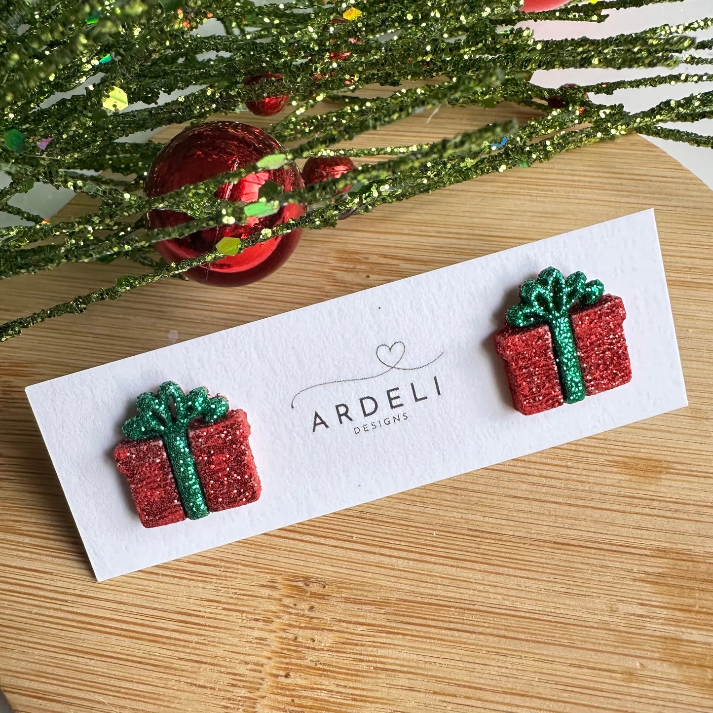 Red And Green Glitter Christmas Present Stud Earring