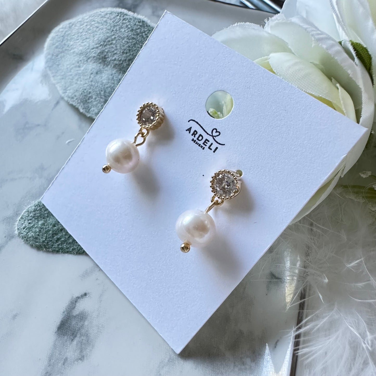 “Lorraine” 87 Real Gold Plated Brass Zircon Diamond Freshwater Pearl Dangle Earrings