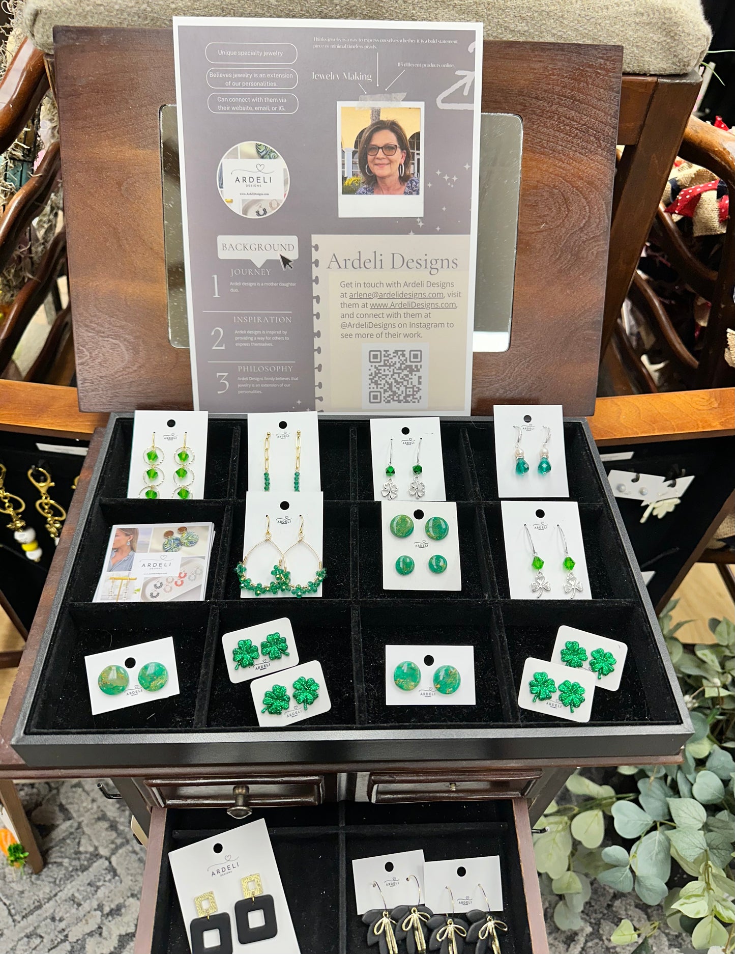 “Beaded Love” GP35224 Gold Plated Ball Post Chain Green 3mm Crystal Bead Earrings