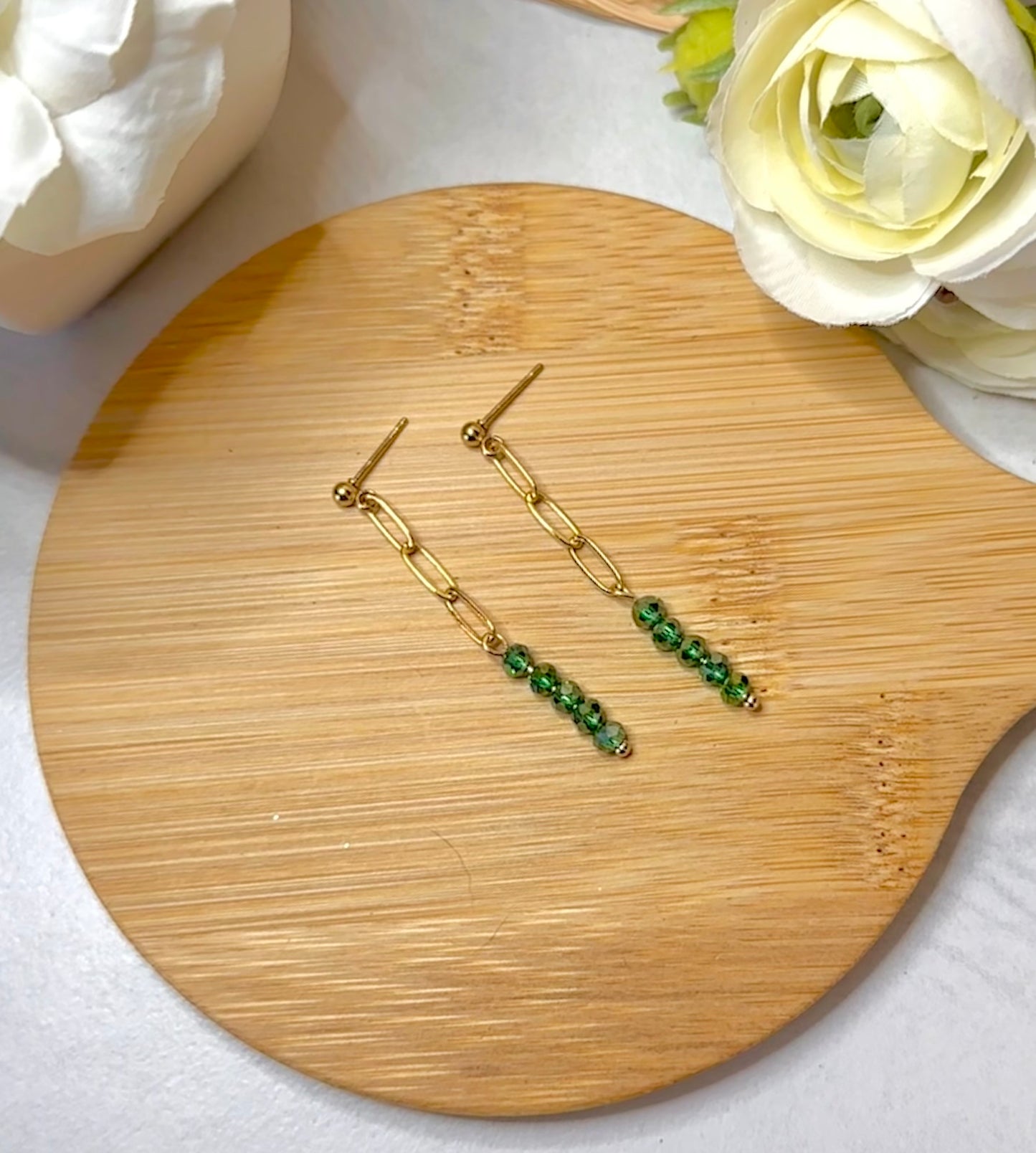“Beaded Love” GP35224 Gold Plated Ball Post Chain Green 3mm Crystal Bead Earrings