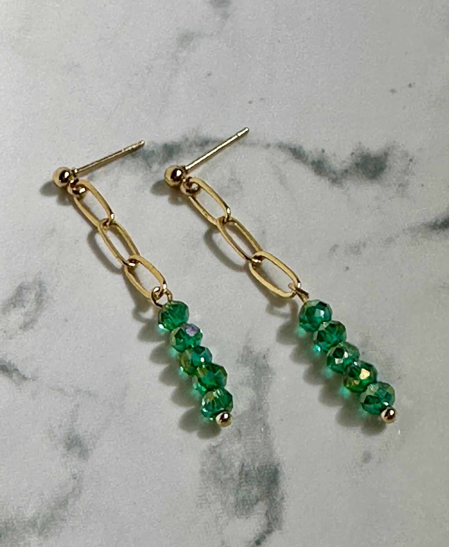 “Beaded Love” GP35224 Gold Plated Ball Post Chain Green 3mm Crystal Bead Earrings