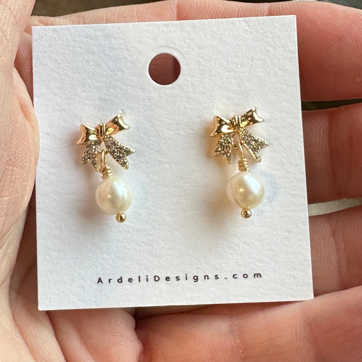 Lorraine” 39 Real Gold Plated Brass Bow Zircon Freshwater Pearl Stud Earrings