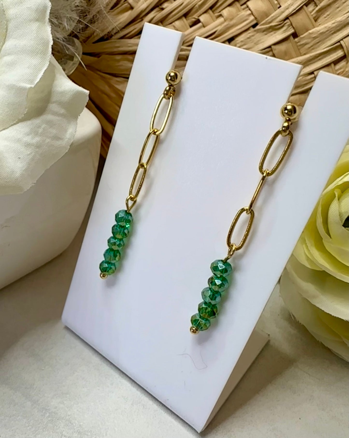 “Beaded Love” GP35224 Gold Plated Ball Post Chain Green 3mm Crystal Bead Earrings