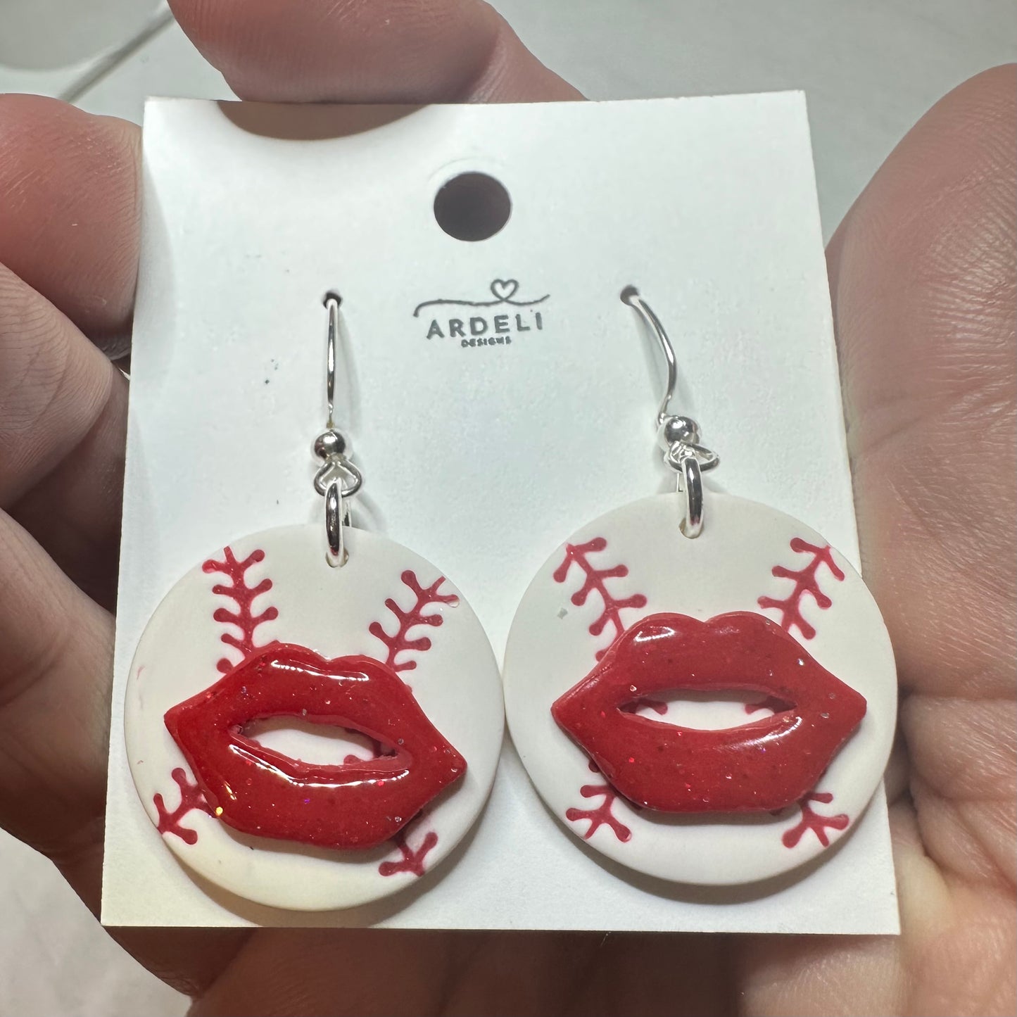 “Play Ball” Vintage Red Lips Baseball Dangle Earrings