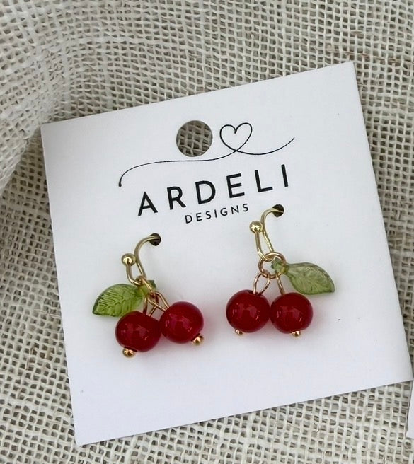 Simple cherry beaded dangle earrings