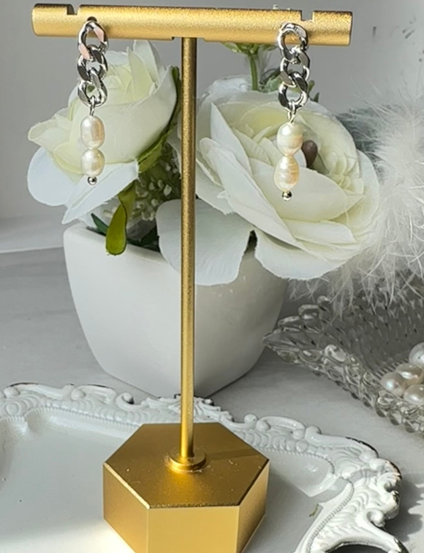 “Lorraine” 81 Silver Chain Linear Freshwater Pearl Dangle Earrings