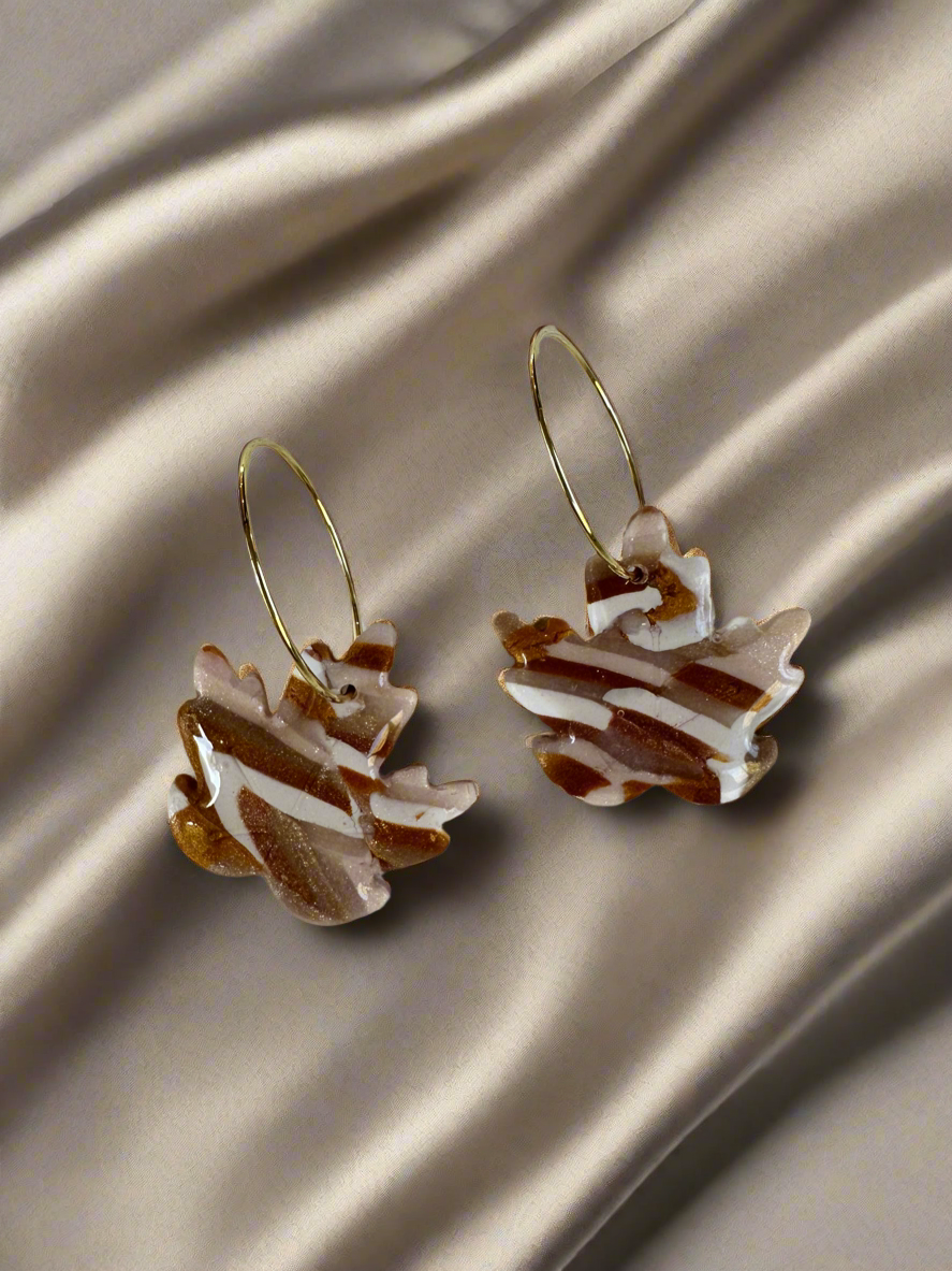 Marbled Maple Leaves Polymer Clay Gold Hook Dangle Earrings