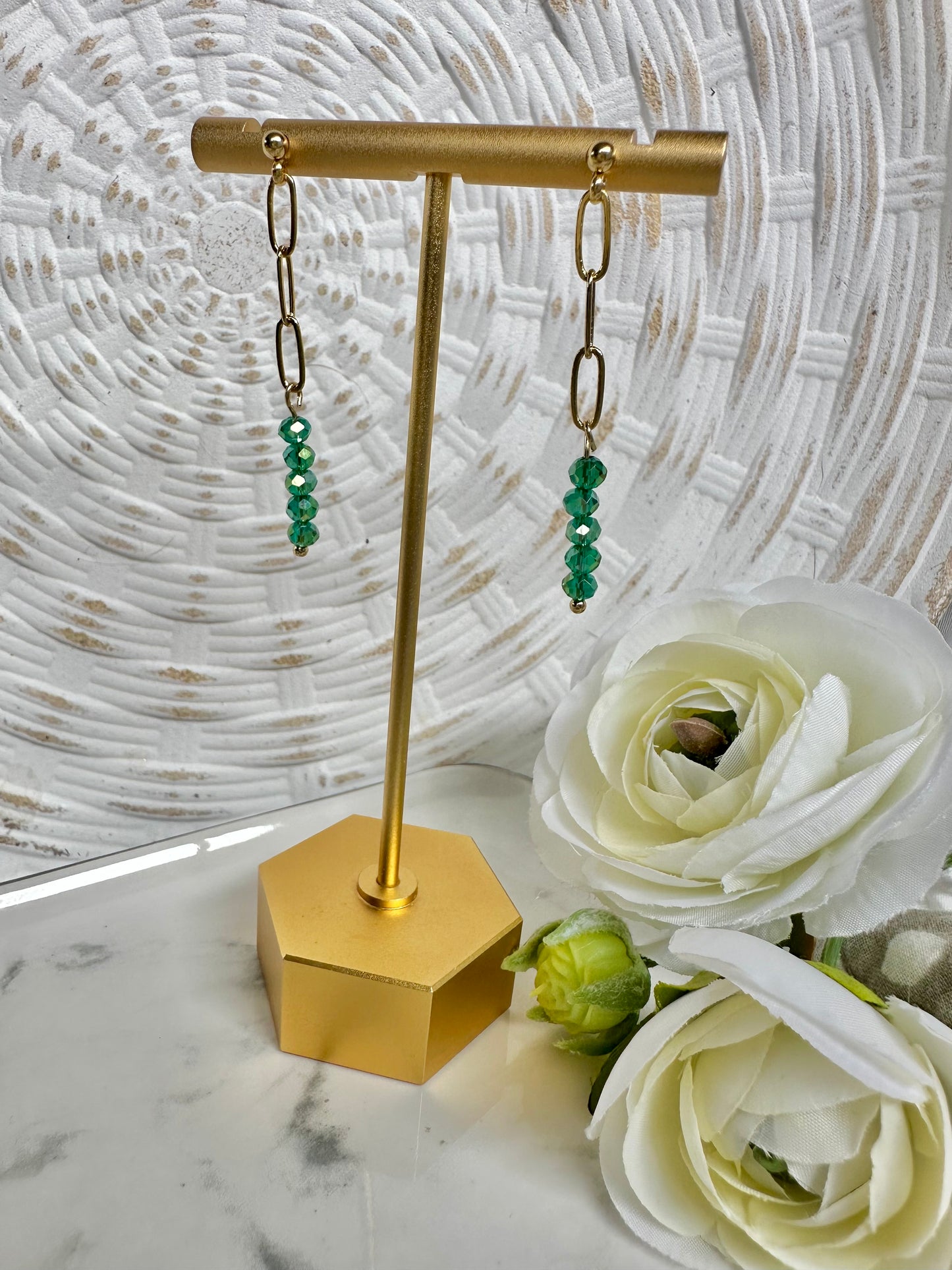 “Beaded Love” GP35224 Gold Plated Ball Post Chain Green 3mm Crystal Bead Earrings