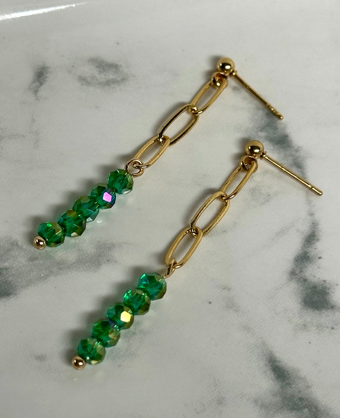 “Beaded Love” GP35224 Gold Plated Ball Post Chain Green 3mm Crystal Bead Earrings