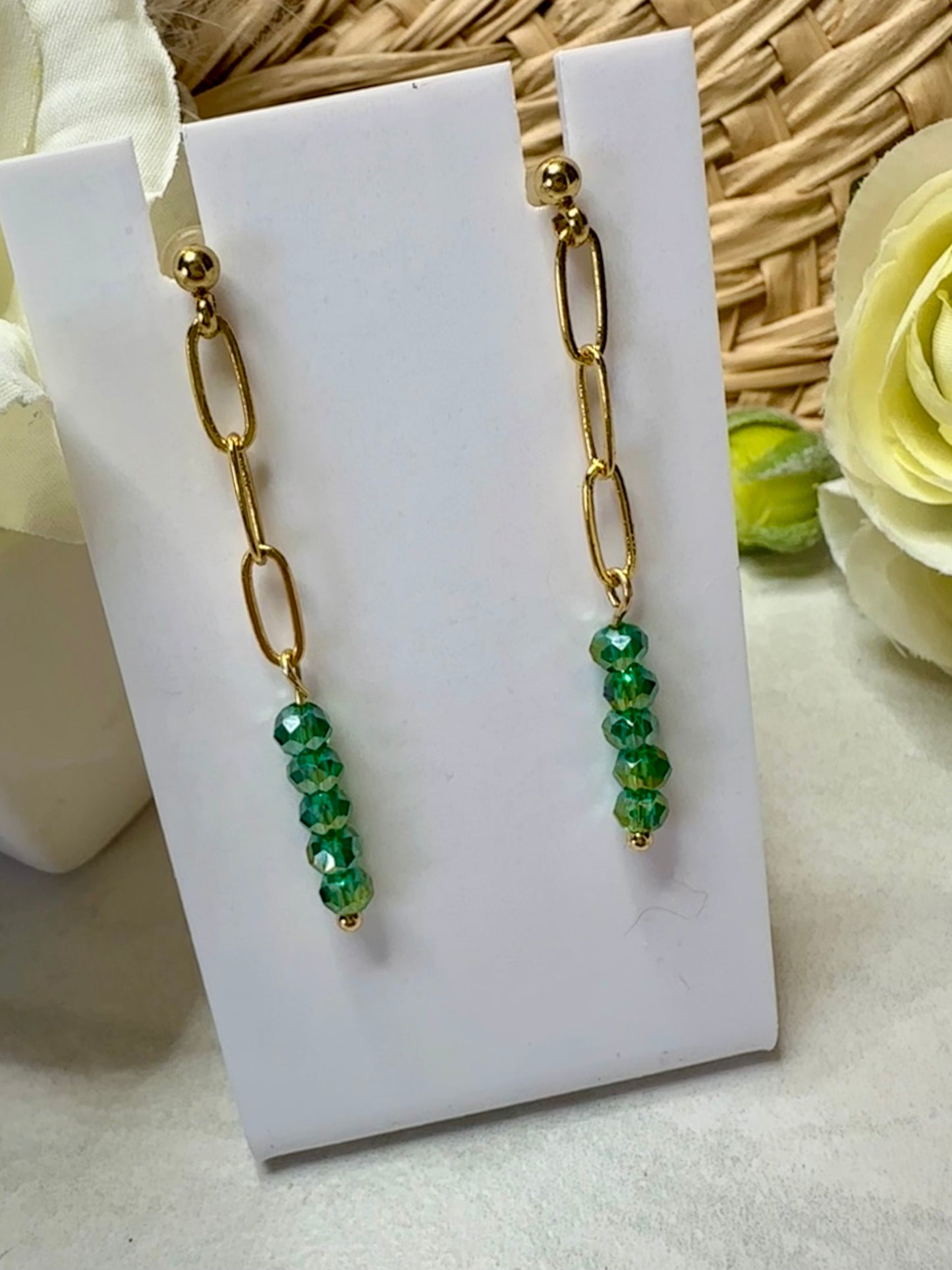 “Beaded Love” GP35224 Gold Plated Ball Post Chain Green 3mm Crystal Bead Earrings