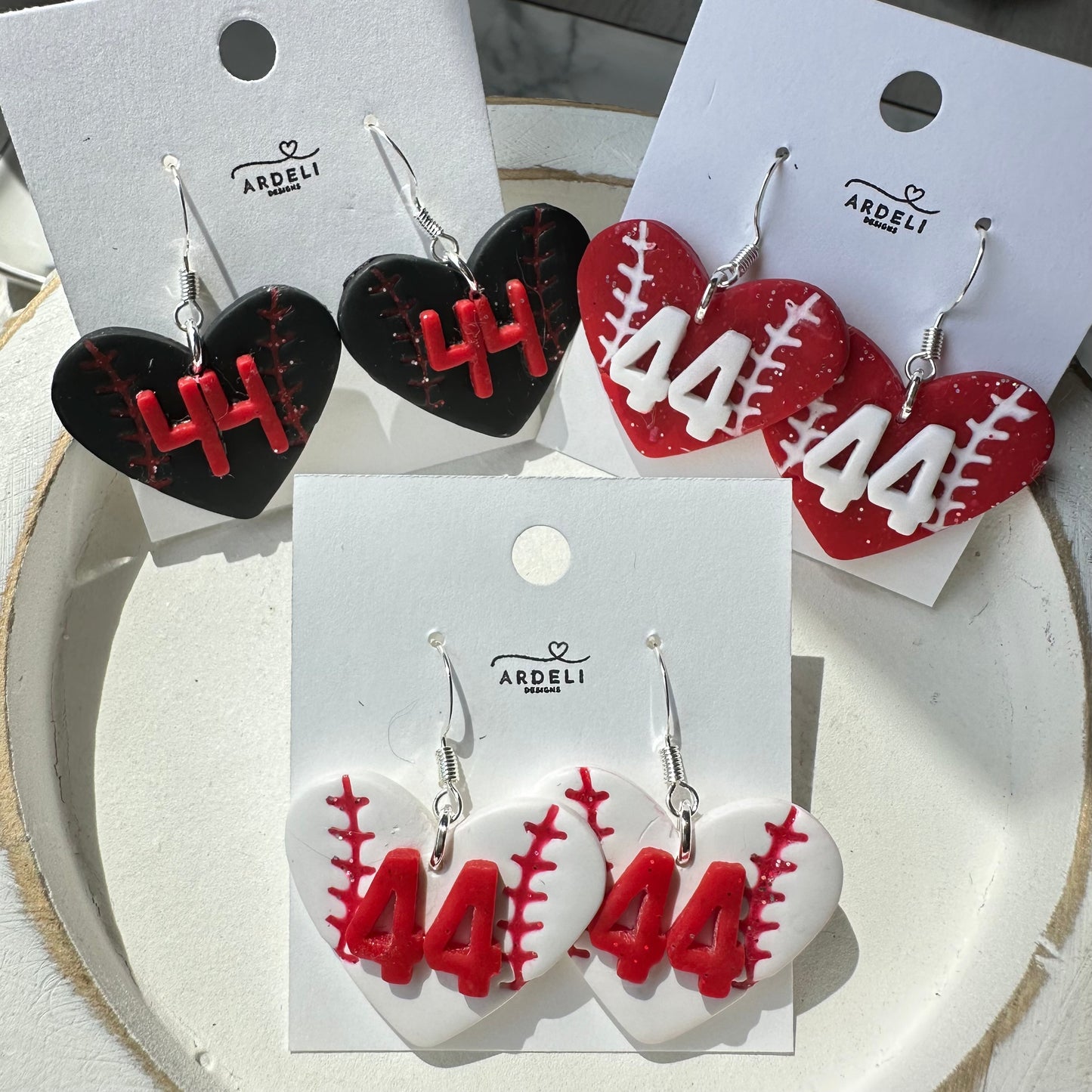 “Play Ball” Fan of 44 White Heart Baseball Dangle Earrings
