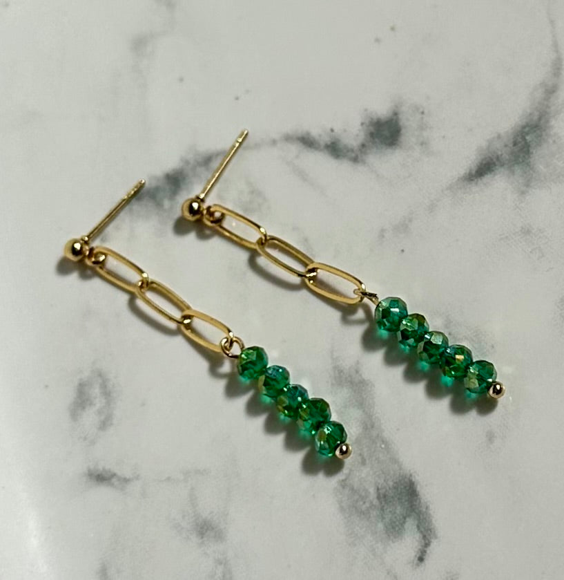 “Beaded Love” GP35224 Gold Plated Ball Post Chain Green 3mm Crystal Bead Earrings
