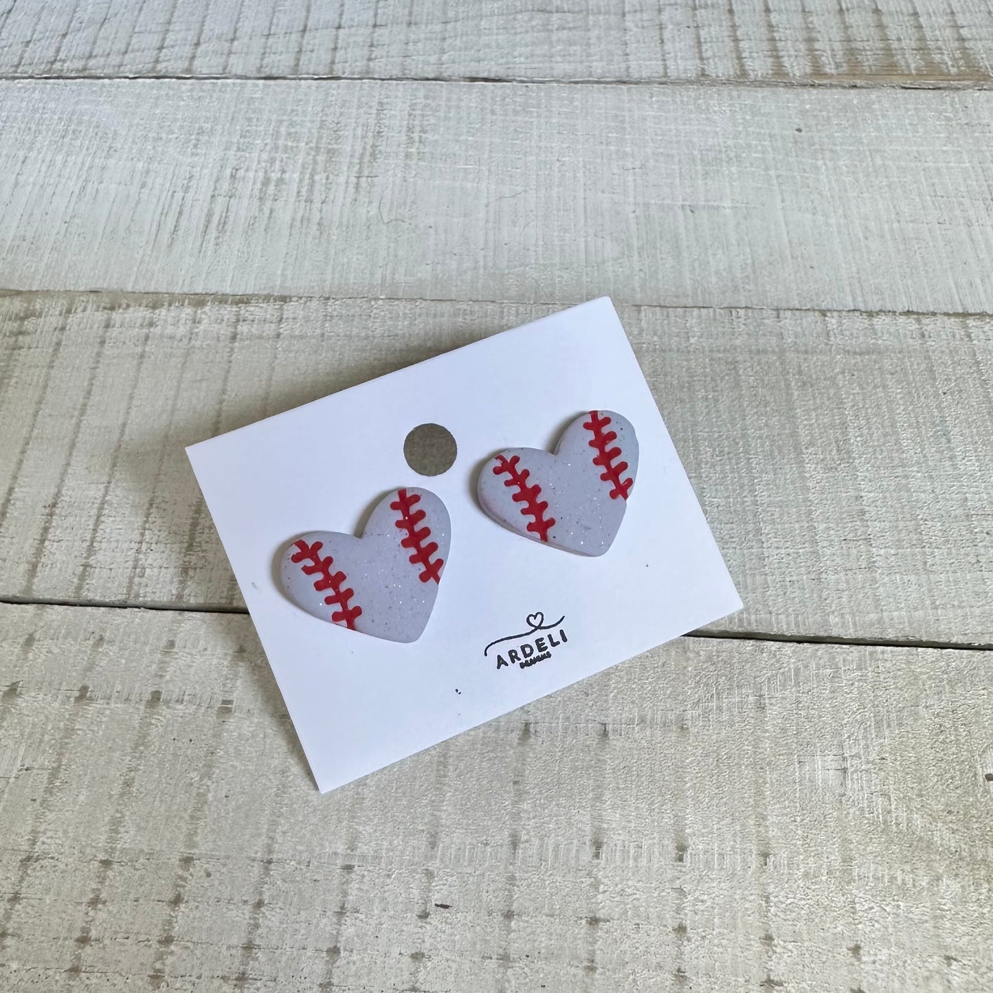 “Play Ball” Gray Heart Baseball Stud Earrings
