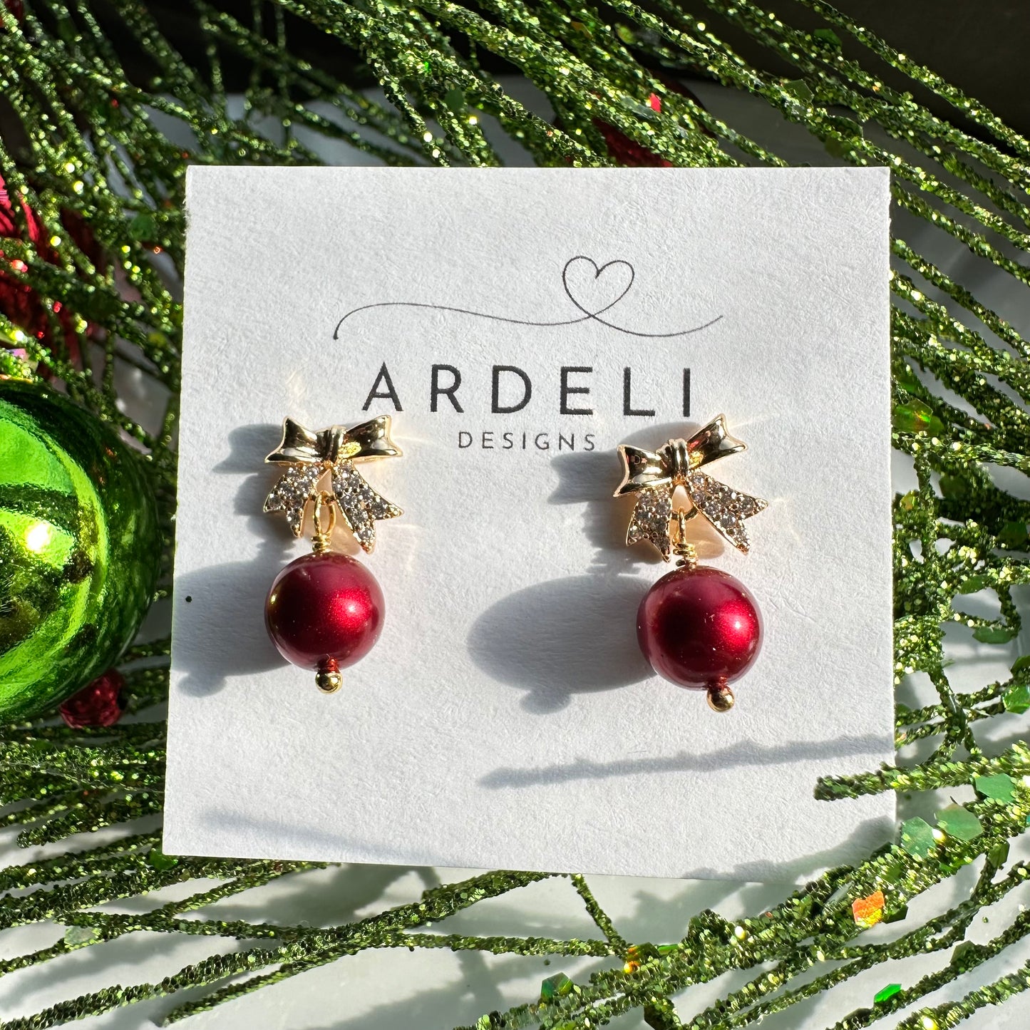 Holiday Cheer Gold Plated Bow Post with Red Pearl Dangle Earrings
