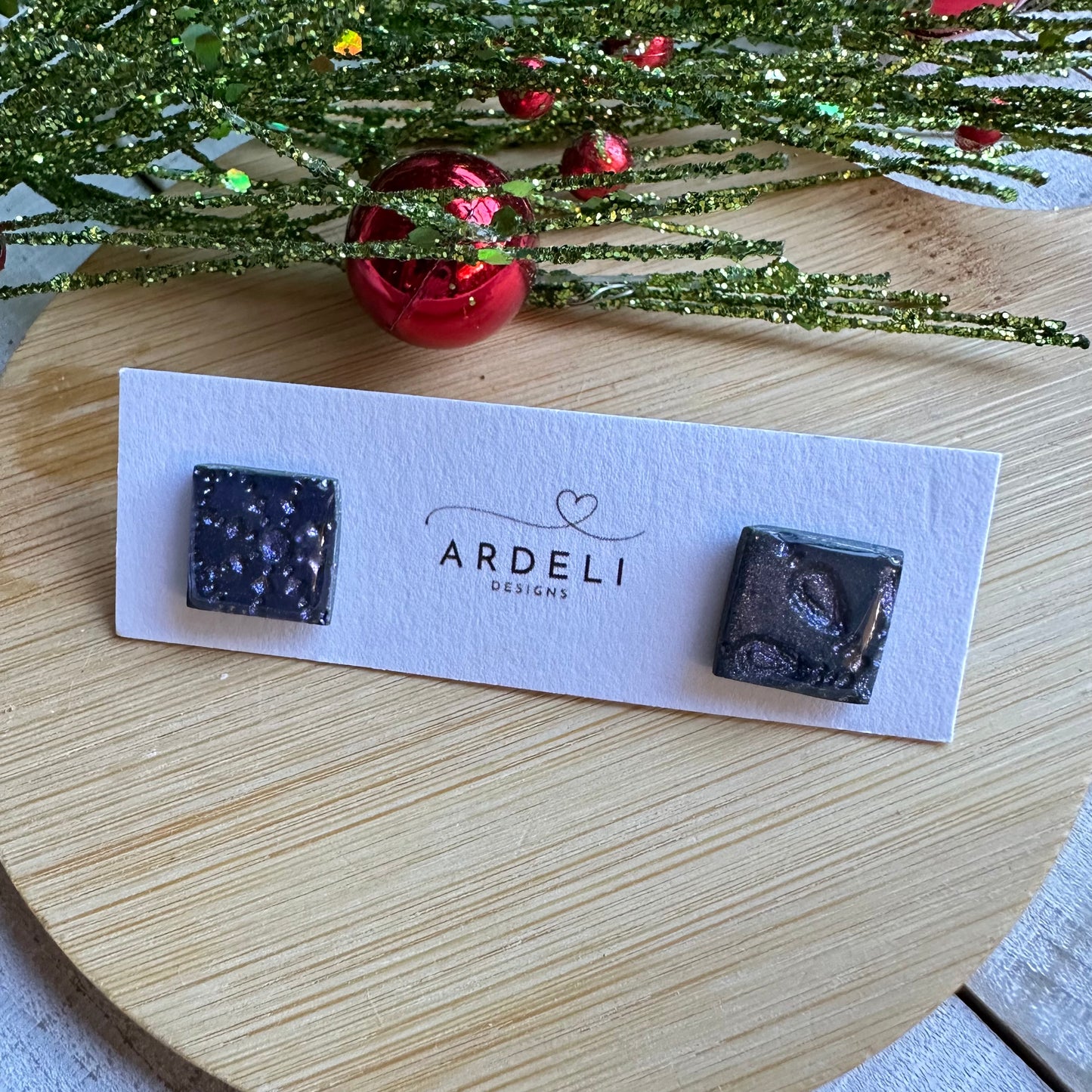 Handmade Polymer Clay Blue Purple Shimmer Embossed Snowflake Square Earring Studs