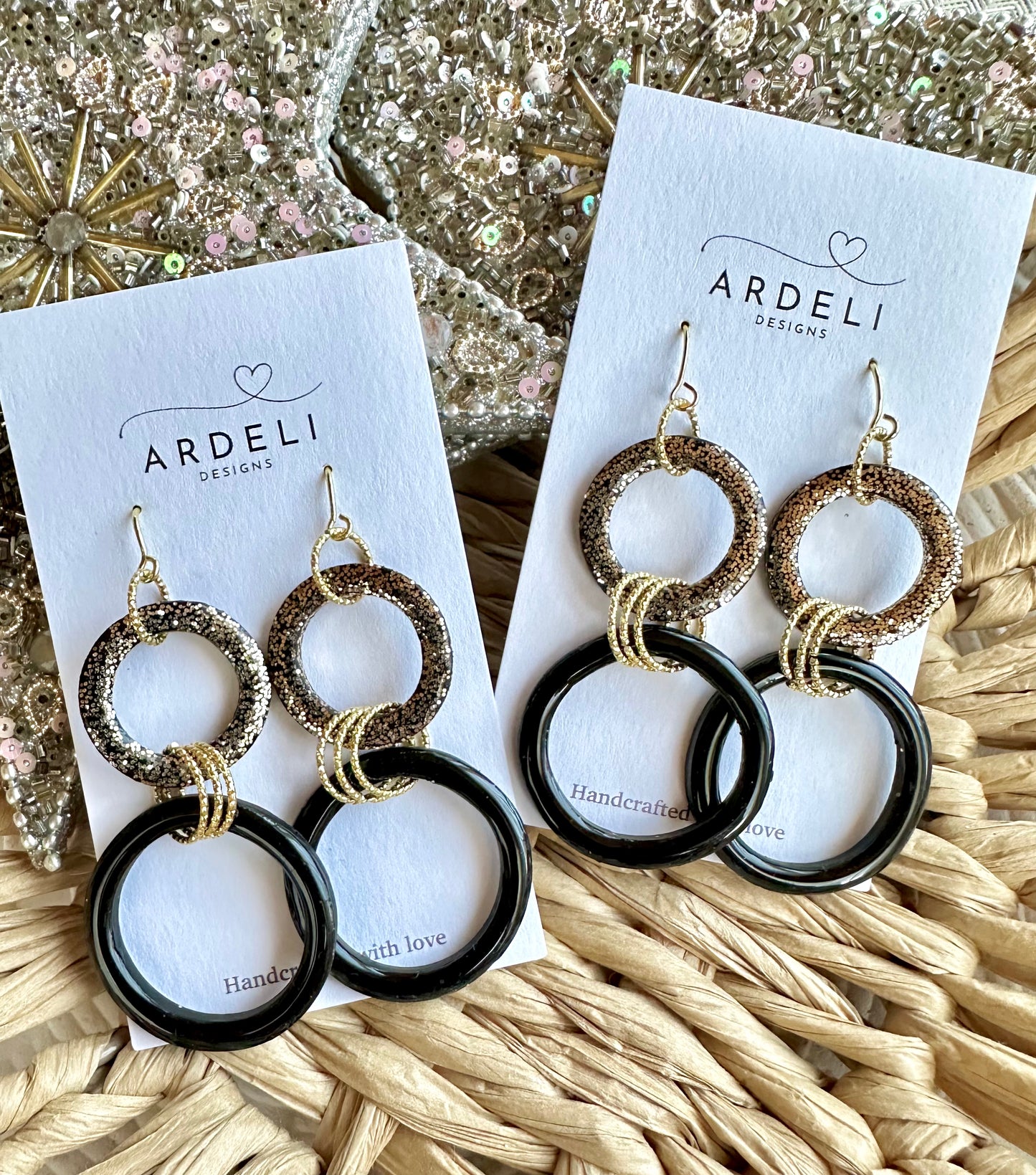 Black & Gold Rings 18K Gold Hook Dangle Earrings