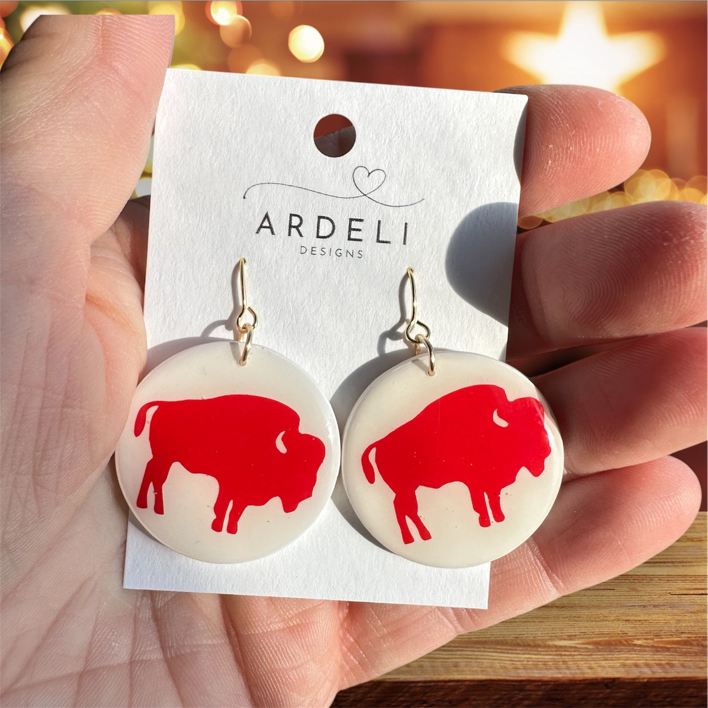Handmade Polymer Clay Red Buffalo 1.4” Round Gold Hook Dangle Earrings