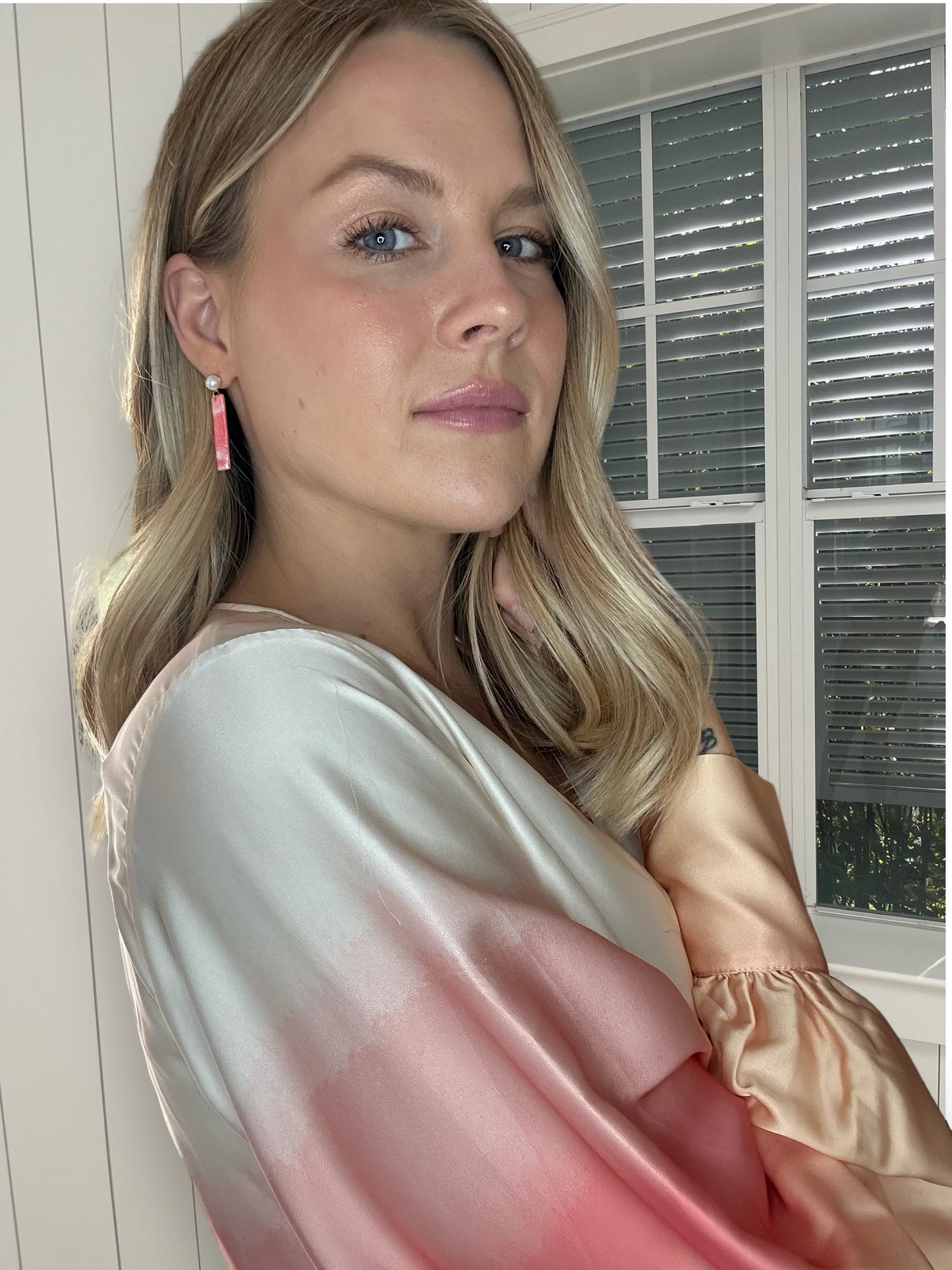 “Coral Quartz" Thin Rectangle Handmade Polymer Clay Faux Pearl Dangle Gold Plated Stud Earrings