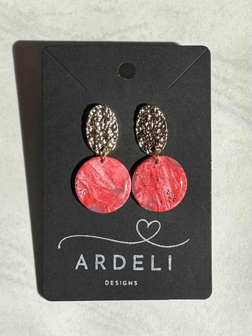 “Coral Quartz" Handmade Polymer Clay Dangle 16K Gold Plated Oval Stud Earrings