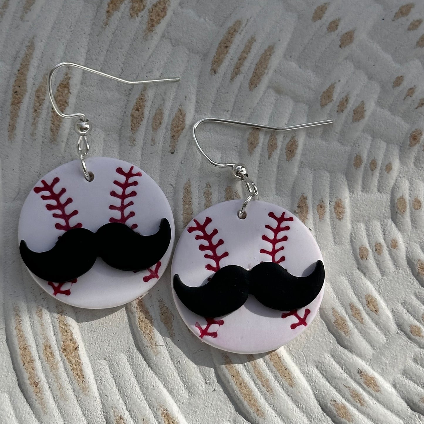 “Play Ball” Vintage Mustache Baseball Dangle Earrings