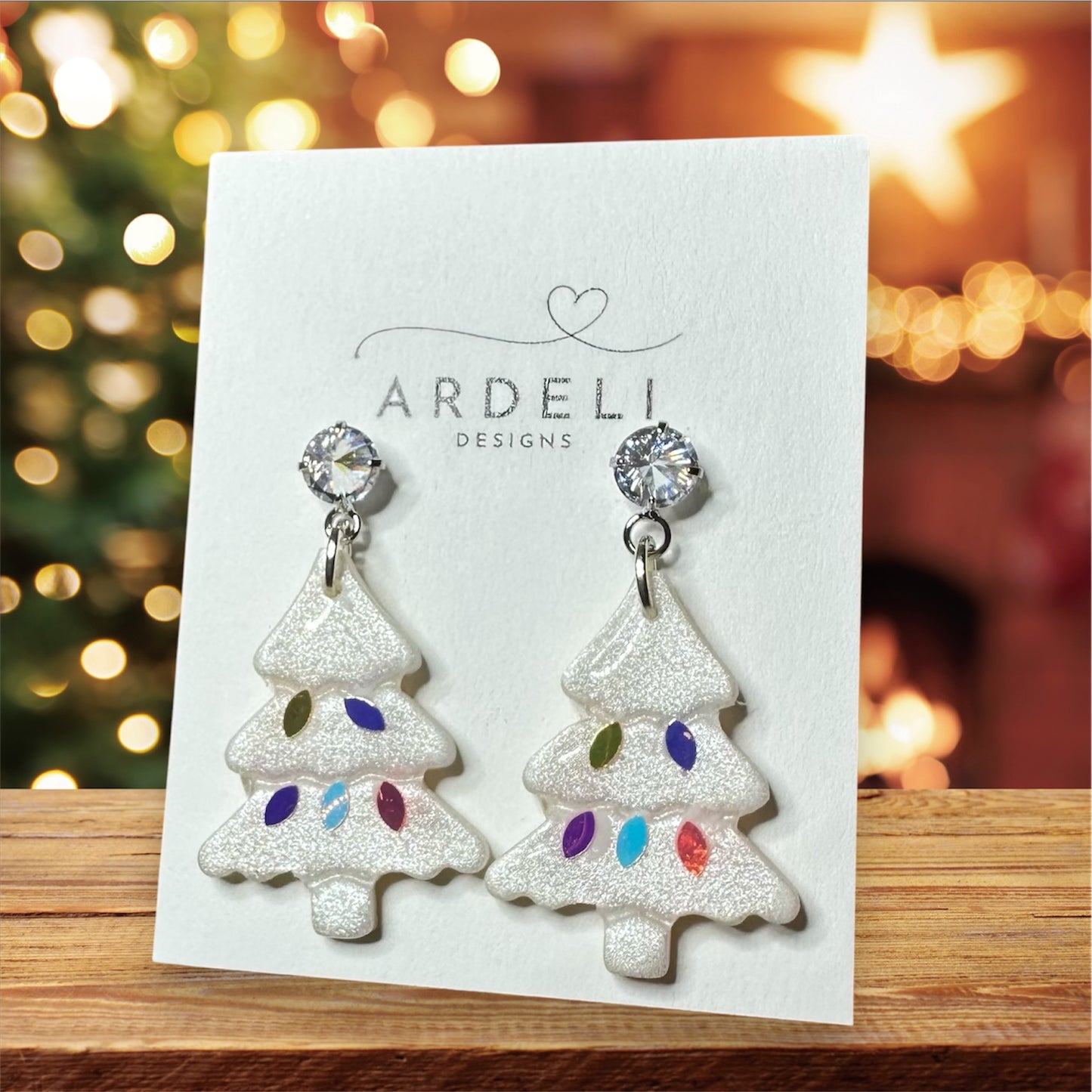 Handmade Polymer Clay Pearl Lights On Christmas Tree Silver Cubic Zircon Post Dangle Earrings