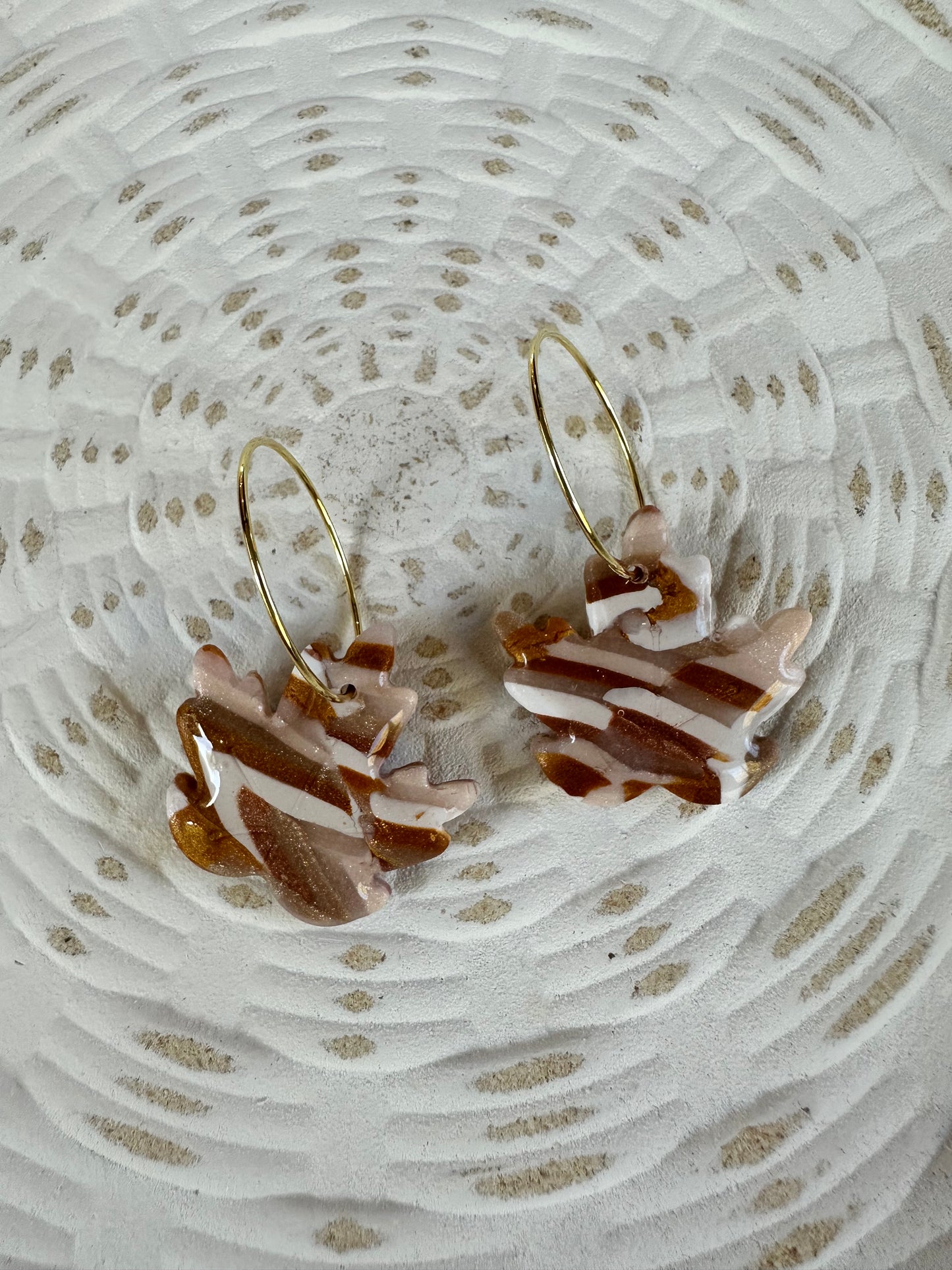 Marbled Maple Leaves Polymer Clay Gold Hook Dangle Earrings