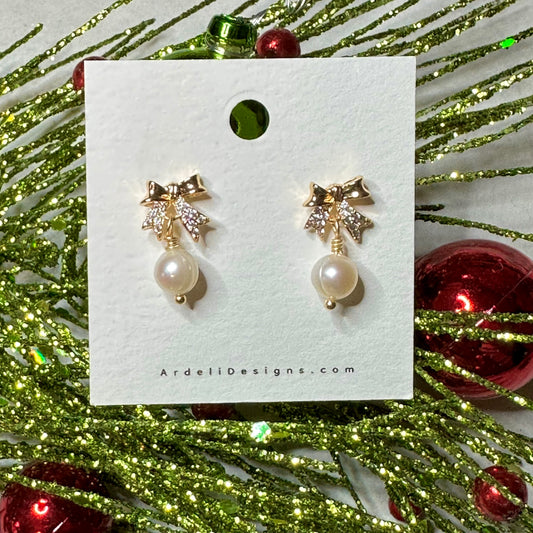 Lorraine” 39 Real Gold Plated Brass Bow Zircon Freshwater Pearl Stud Earrings