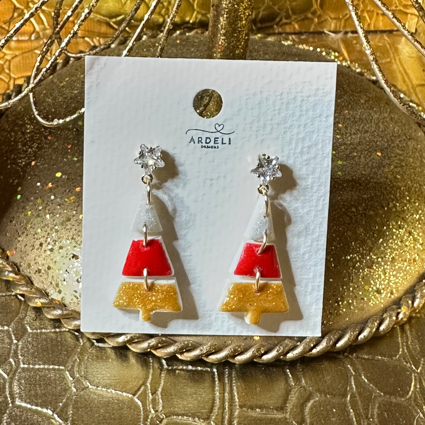 Handmade Polymer Clay Pearl, Red, Gold CZ Star Christmas Tree Puzzle Dangle Earrings