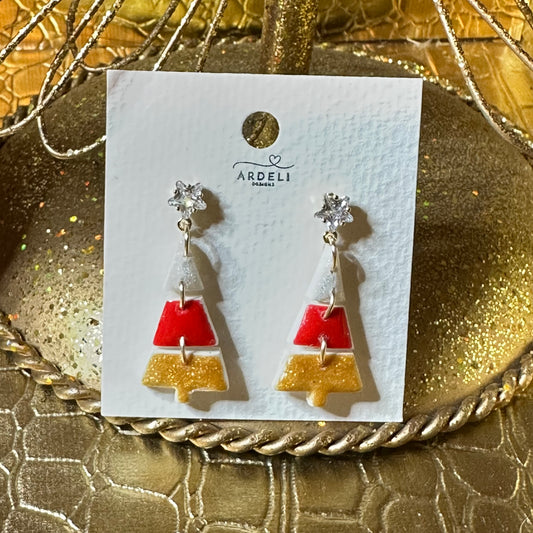 Handmade Polymer Clay Pearl, Red, Gold CZ Star Christmas Tree Puzzle Dangle Earrings