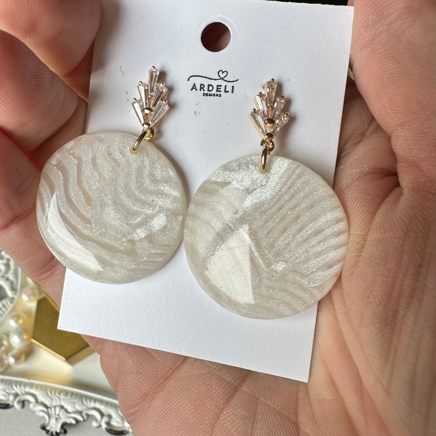 “Lily of the Valley” White Marble Polymer Clay Cubic Zirconia Gold Plated Post Earrings