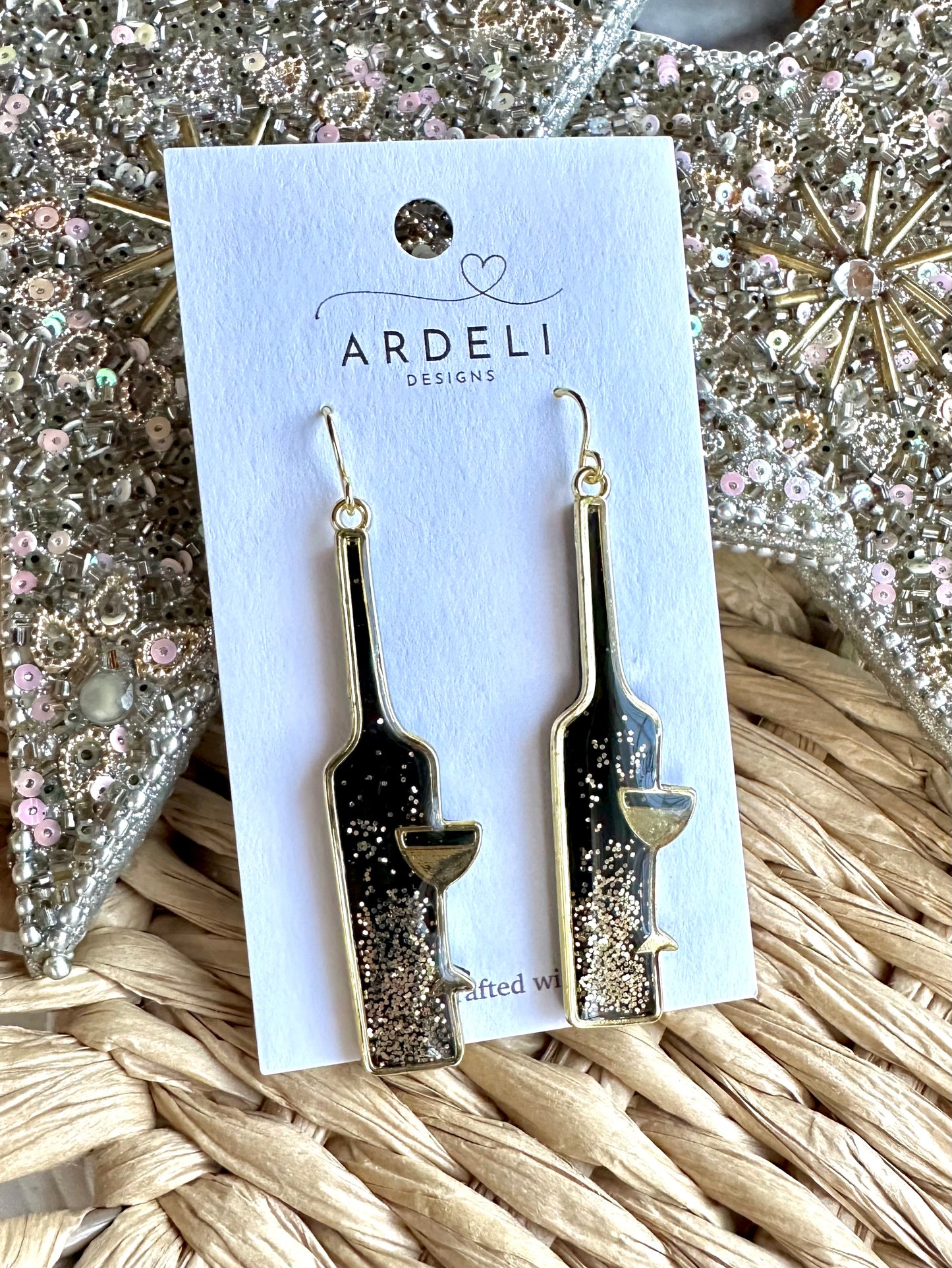 Black & Gold Bottles of Bubbly Polymer Clay Gold Dangle Earrings