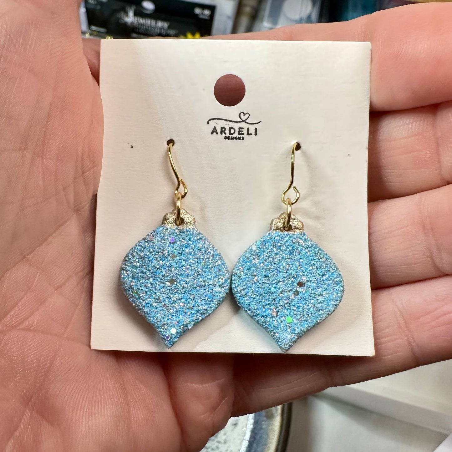 “Betty” Blue Sparkle Ornament Gold Plated Hook Dangle Earrings