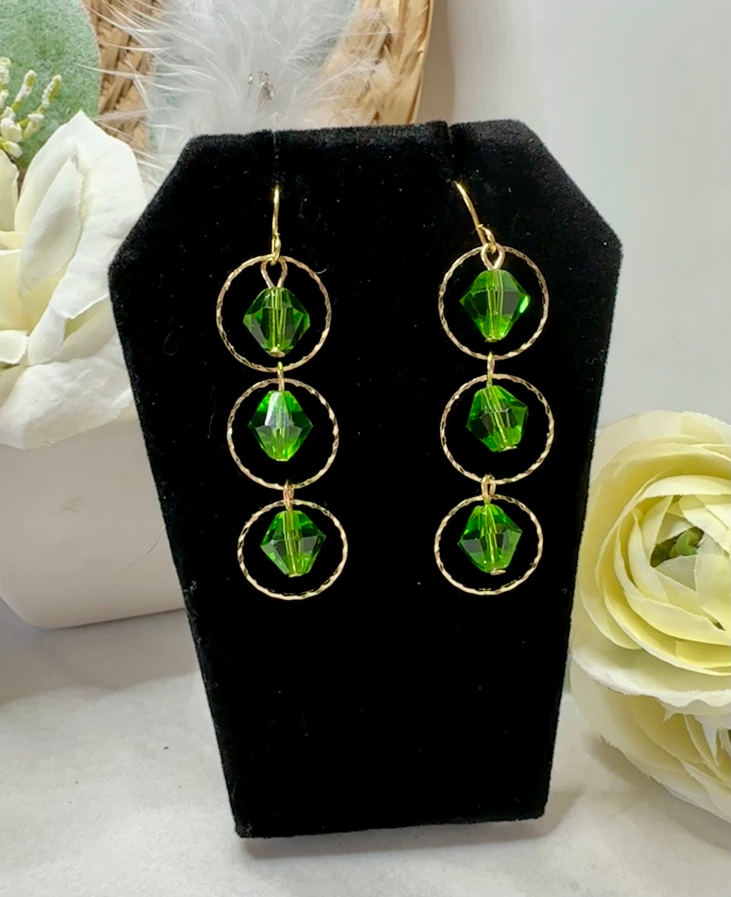“Beaded Love” GP3R224 Gold Plated Hook Shamrock Green Bicone Beaded Earrings