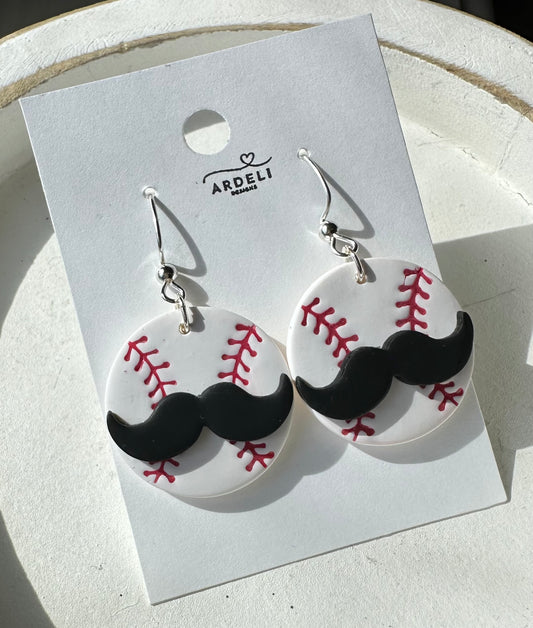 “Play Ball” Vintage Mustache Baseball Dangle Earrings