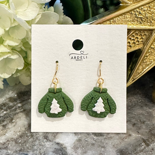 Handmade Polymer Clay Green Ugly Sweater Gold Hook Dangle Earrings