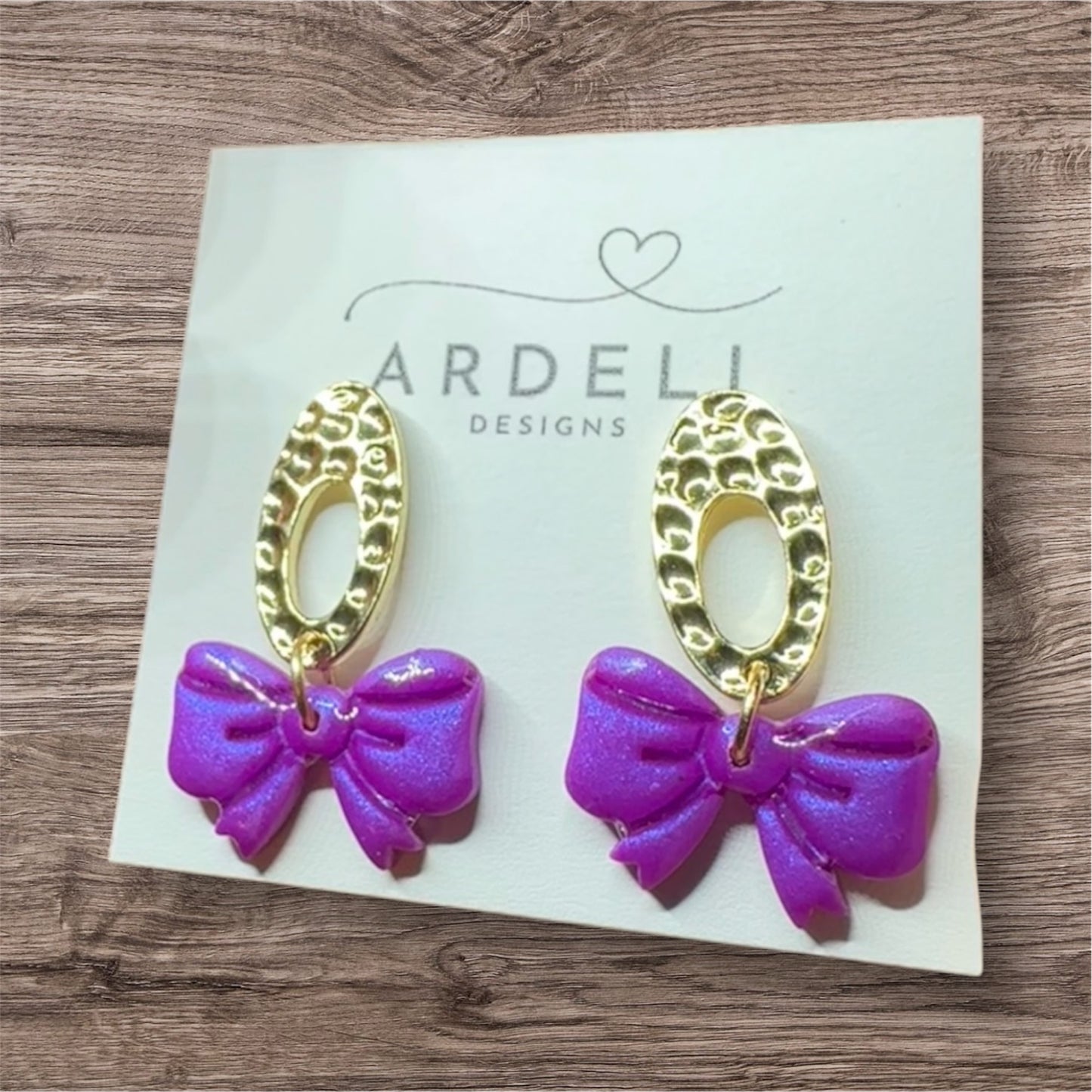 Handmade Polymer Clay Purple Pearl Bow Gold Plated Oval Donut Post Dangle Earrings