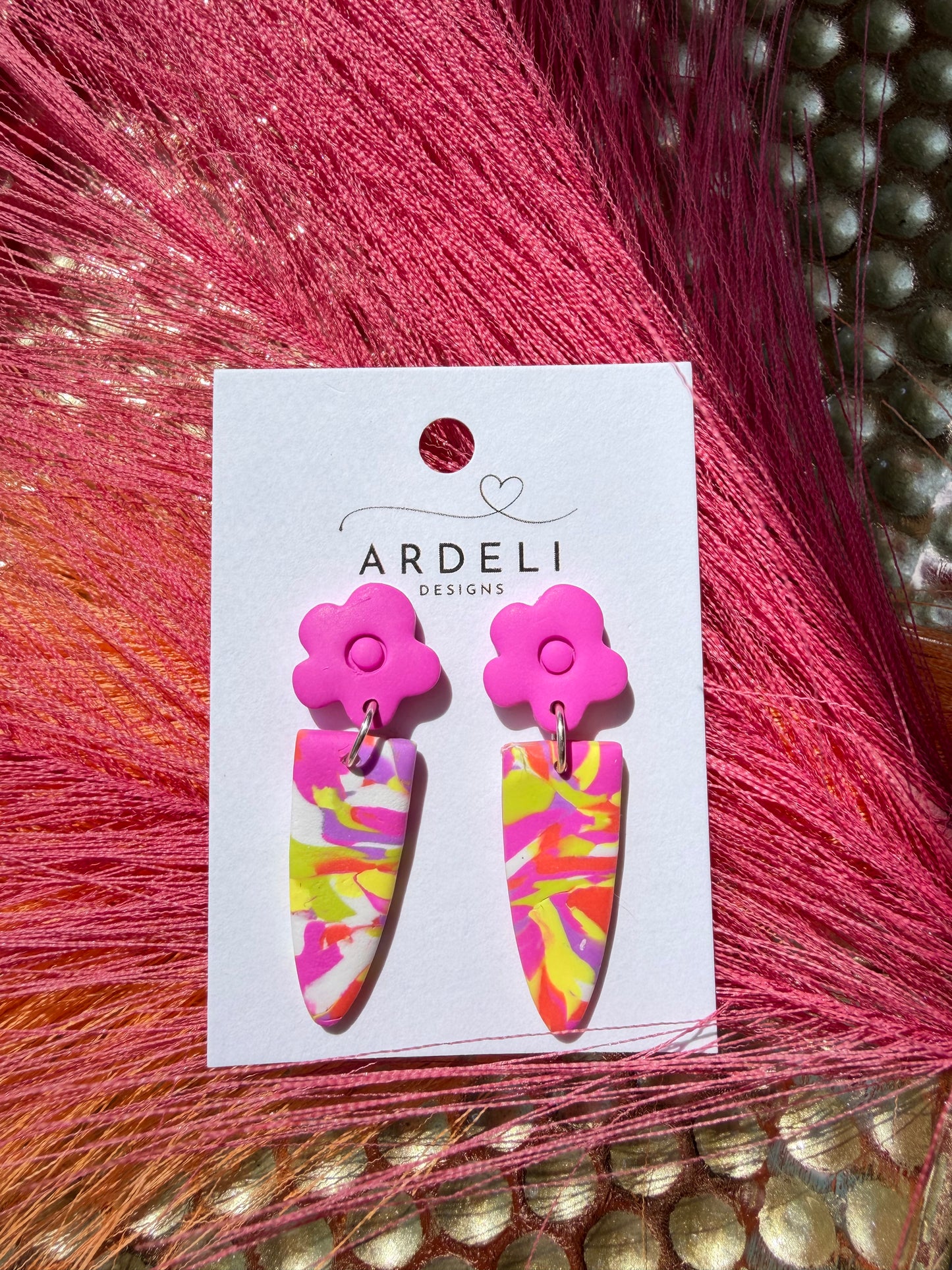 “Feeling Groovy” Flower Power 1 Hot Pink w/Multi Color Slim Dagger Earrings
