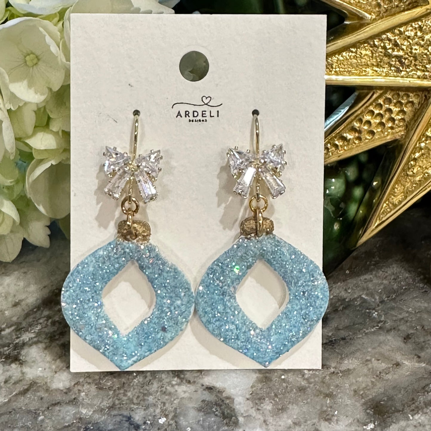 “Betty” Blue Sparkle Polymer Clay 18K Gold Plated CZ Hook Dangle Earrings