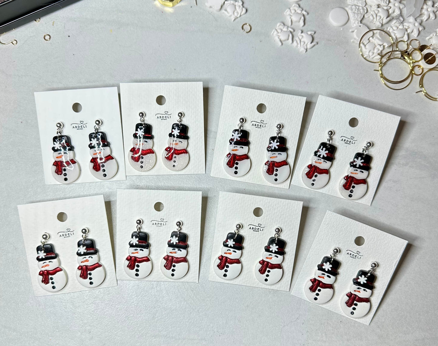 Handmade Polymer Clay Snowman Silver Ball Post Dangles Earrings