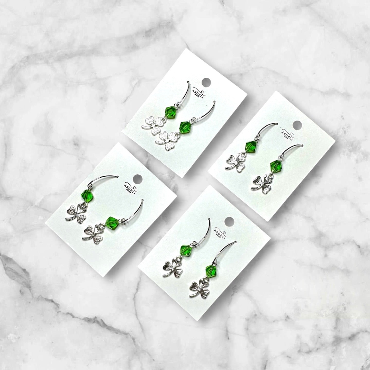“Lucky Charms” SP3LC224 Silver Plated Marquise Hook Shamrock Green Bicone Crystal Silver 3 Leaf Clover Earrings