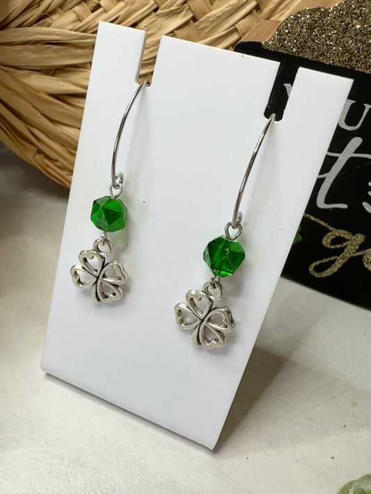 “Lucky Charms” SP4LC224 Silver Plated Marquise Hook Green Glass Beaded 4 Leaf Clover Earrings
