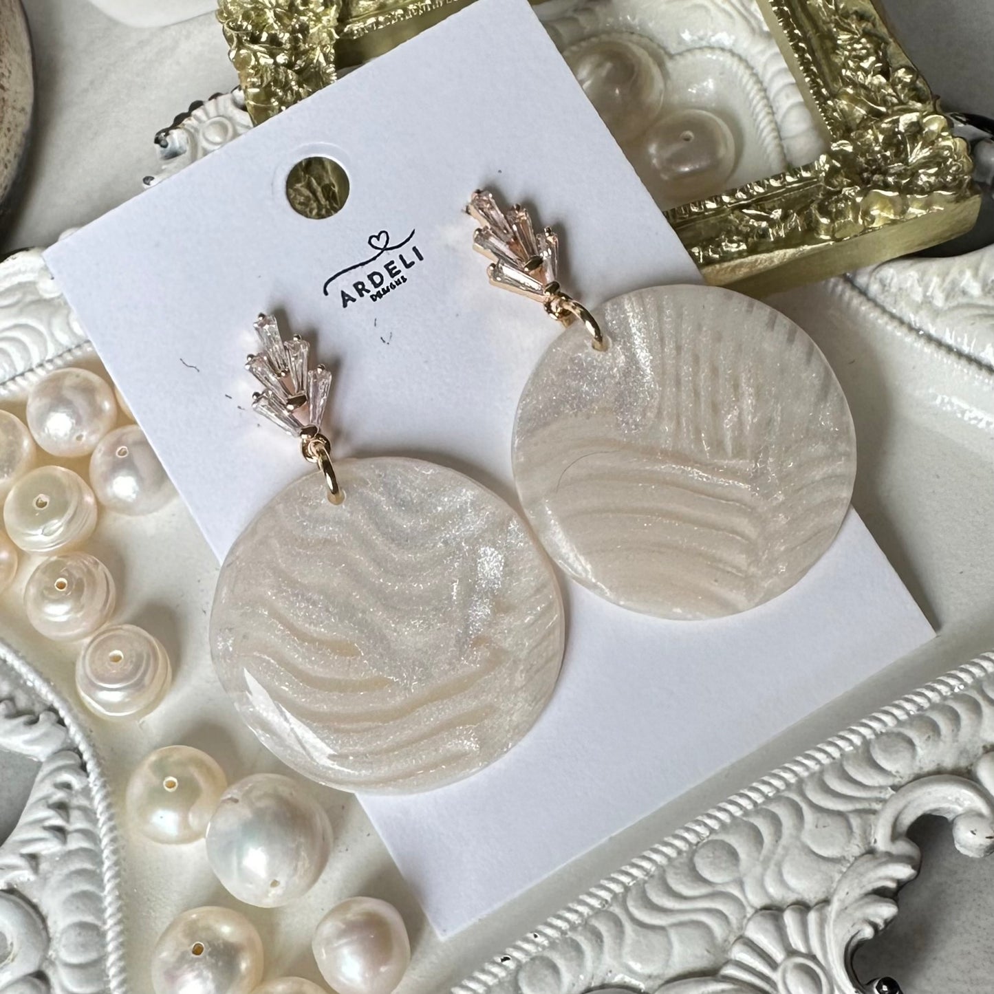 “Lily of the Valley” White Marble Polymer Clay Cubic Zirconia Gold Plated Post Earrings