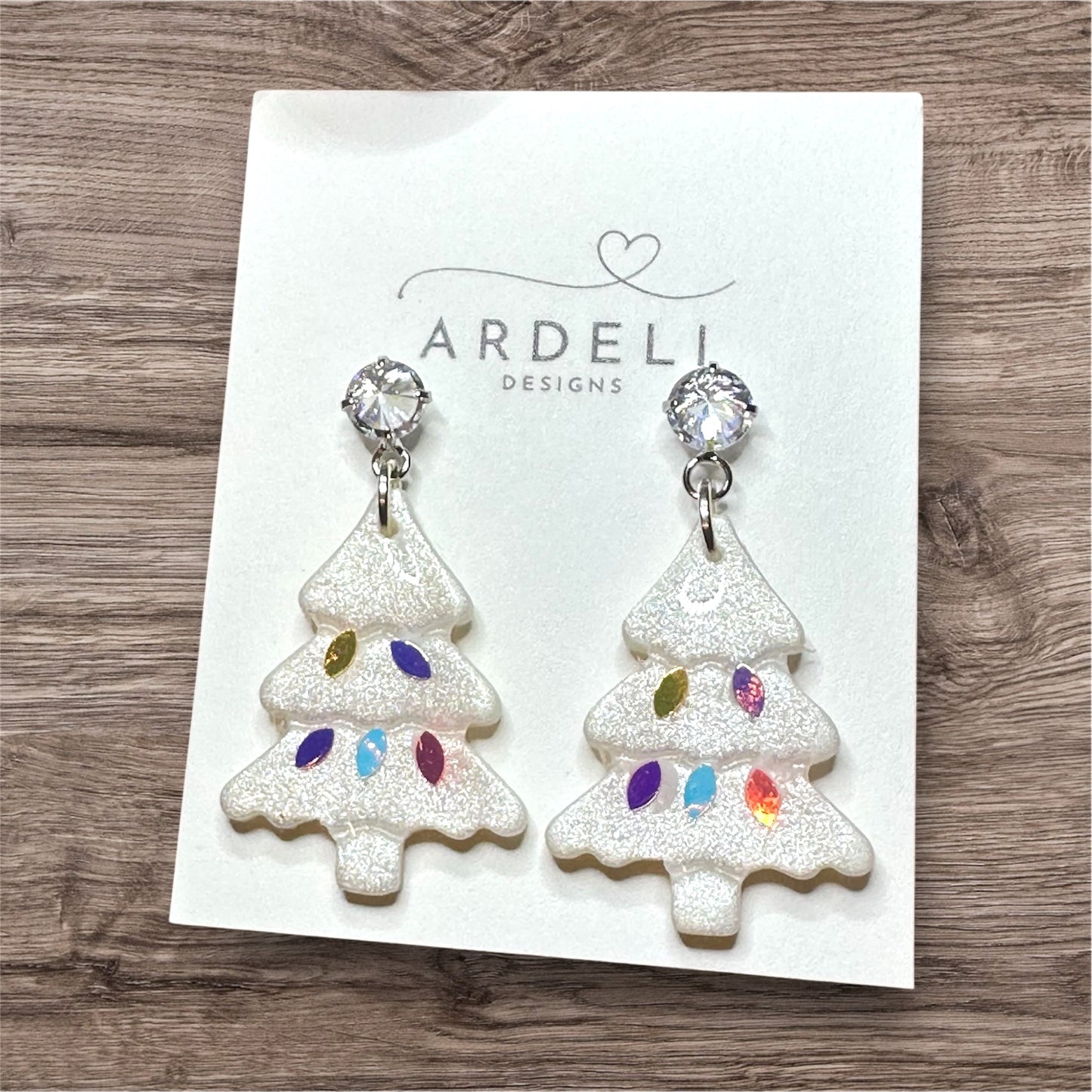 Handmade Polymer Clay Pearl Lights On Christmas Tree Silver Cubic Zircon Post Dangle Earrings