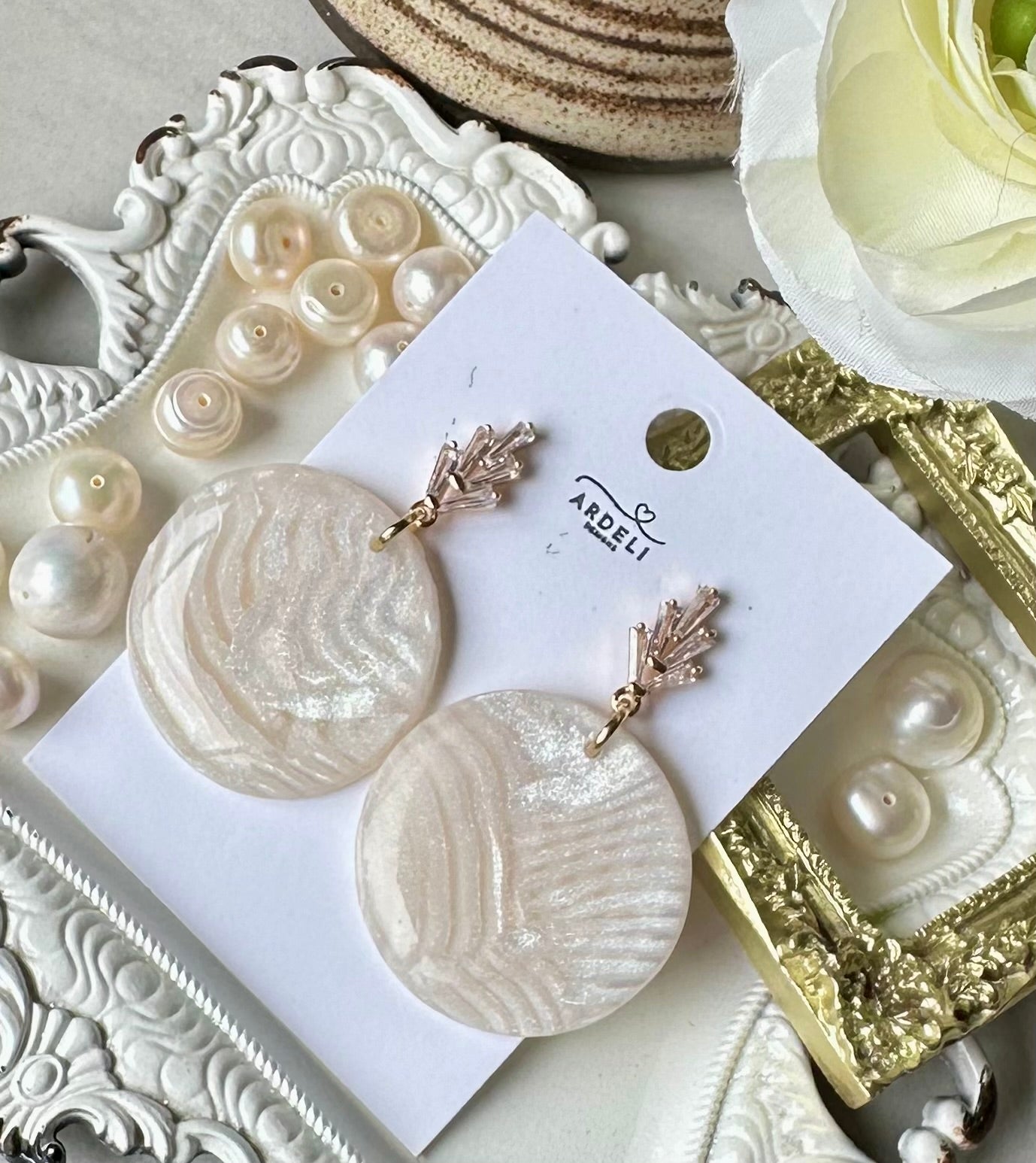 “Lily of the Valley” White Marble Polymer Clay Cubic Zirconia Gold Plated Post Earrings