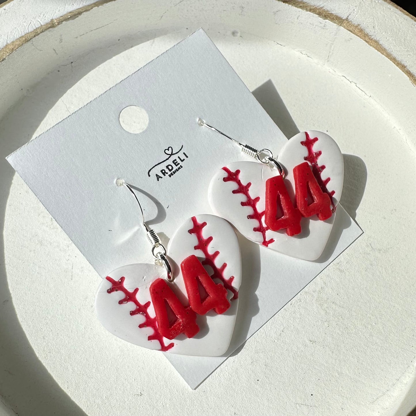 “Play Ball” Fan of 44 White Heart Baseball Dangle Earrings
