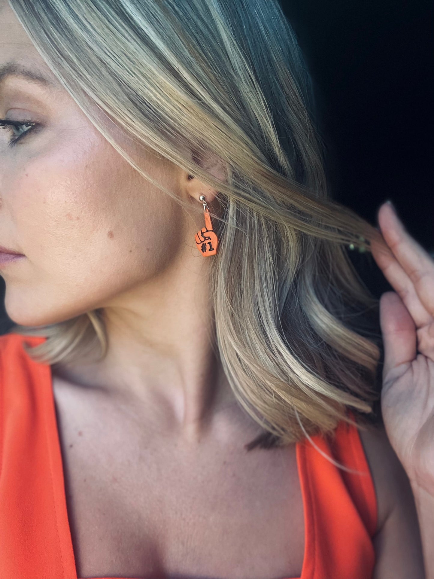 "Game Dey" Spirit Wear Bengals Inspired #1 Foam Finger SM Black Polymer Clay Post Dangle Earrings. ***restock coming soon***