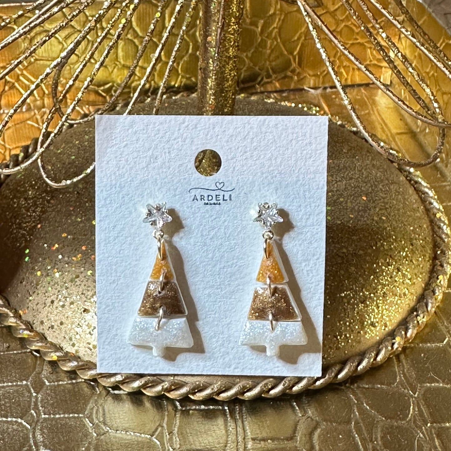 Handmade Polymer Clay Pearl, Bronze and Gold Christmas Tree Puzzle CZ Star Dangle Earrings