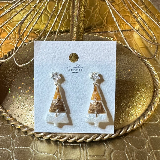 Handmade Polymer Clay Pearl, Bronze and Gold Christmas Tree Puzzle CZ Star Dangle Earrings