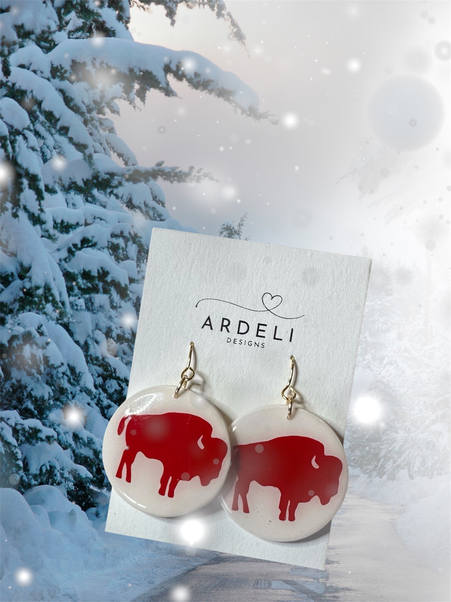 Handmade Polymer Clay Red Buffalo 1.4” Round Gold Hook Dangle Earrings