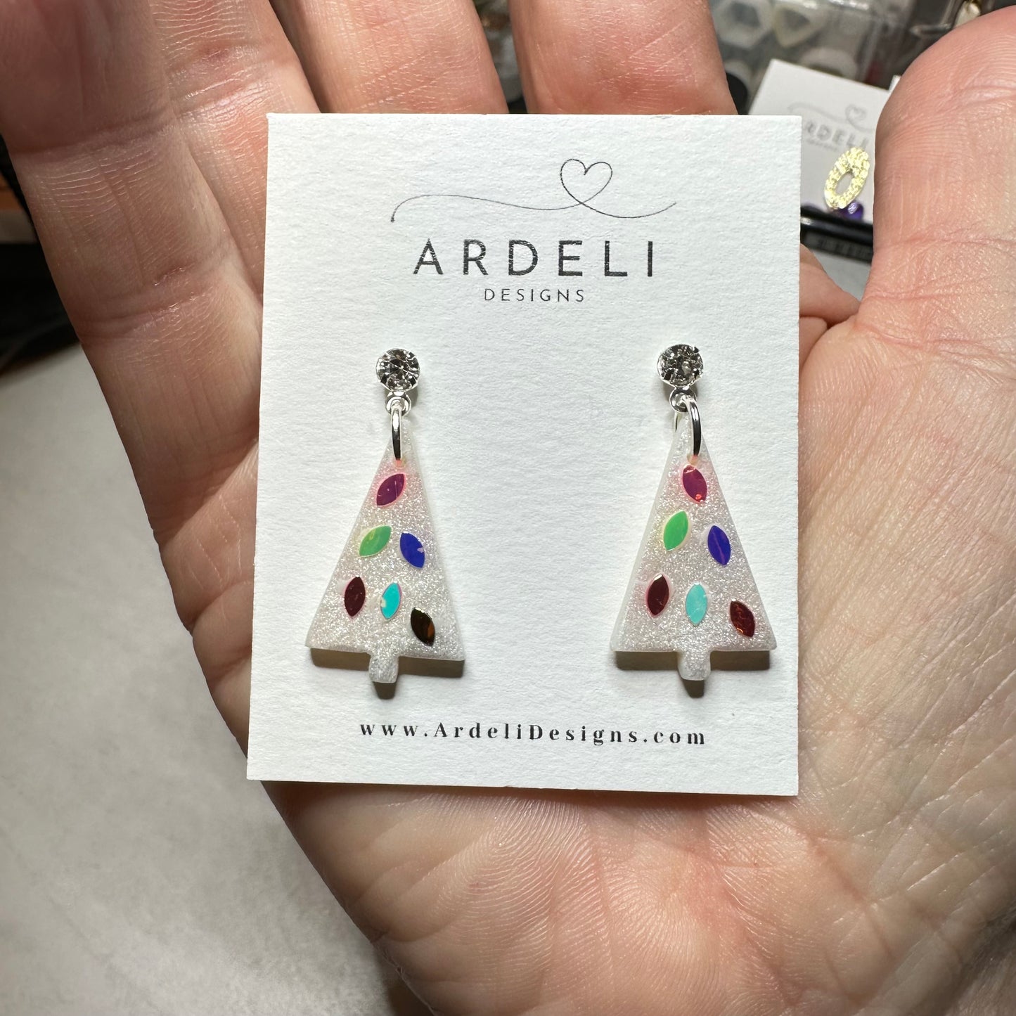 Handmade Polymer Clay Pearl Small Lights On Christmas Tree Rhinestone Silver Post Dangle Earrings